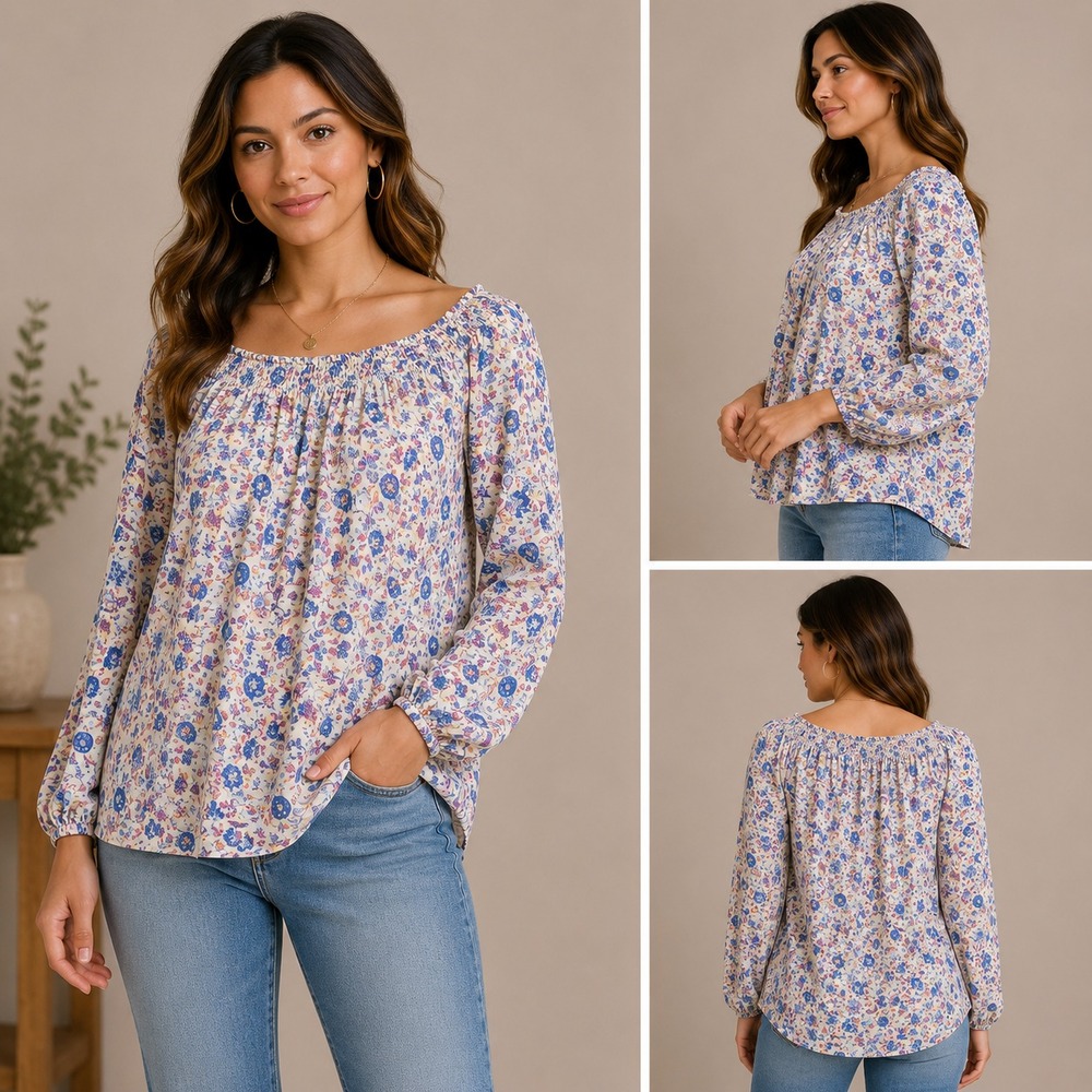 Sanctuary Blouse Women Medium Blue Floral Excellent Off Shoulder Long Sleeve